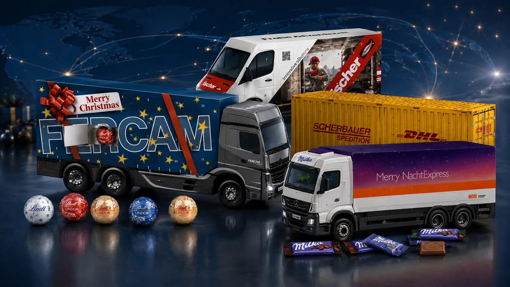 3D-Adventskalender in LKW- und Container-Form bedruckt mit Firmenlogo für Speditionen und Logistikunternehmen