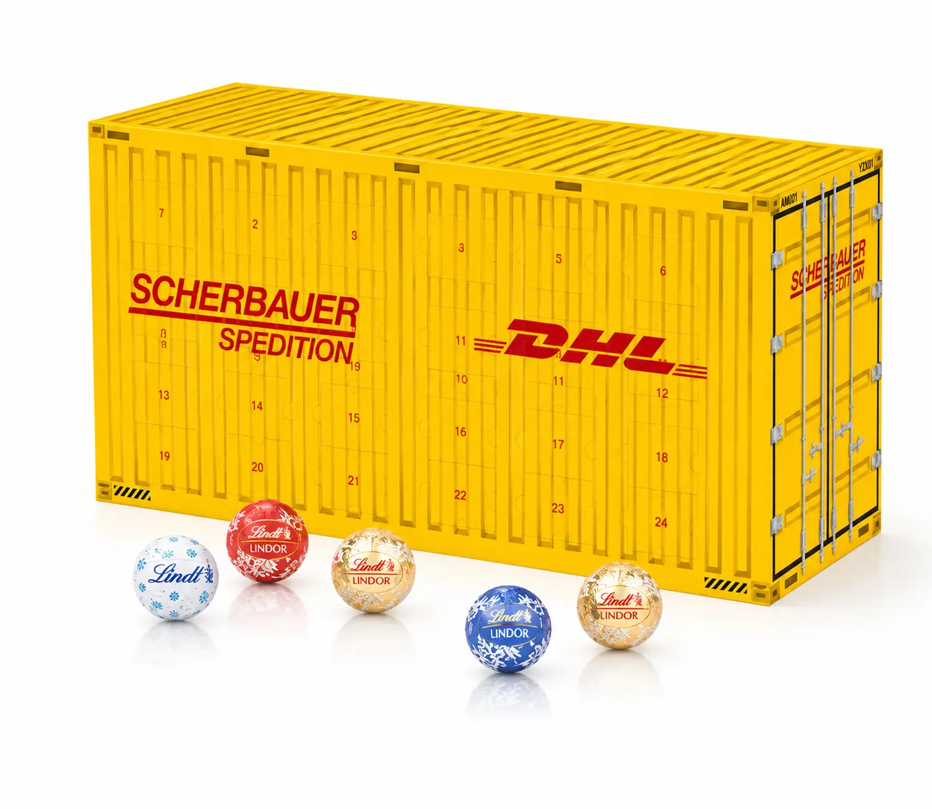 3D-Adventskalender Container mit Lindt Schokolade