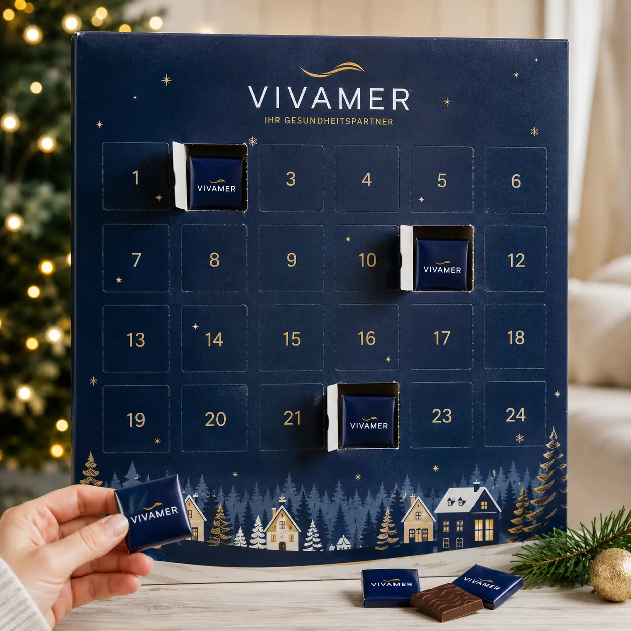 Branding-Stufe 3: Schokolade mit eingeprägtem Firmenlogo im Adventskalender